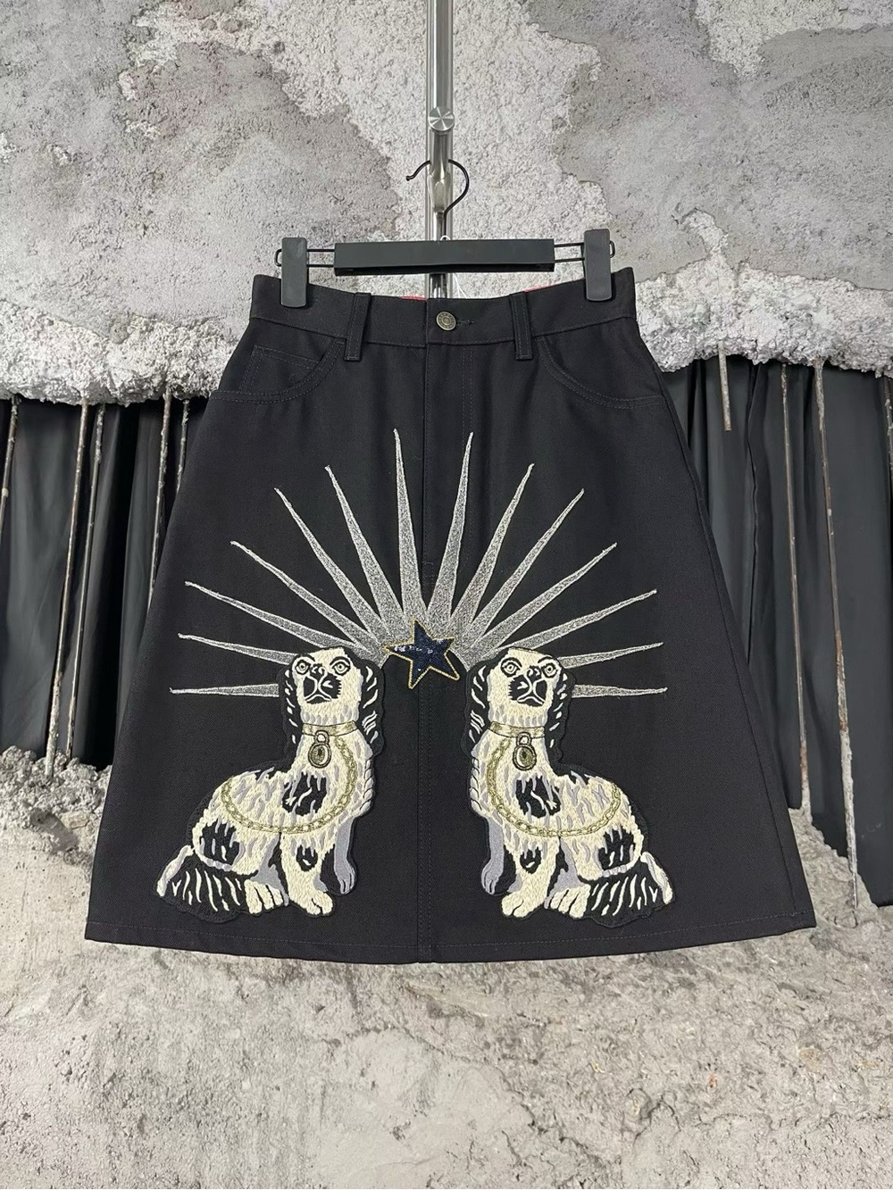 Gucci Black A-Line Skirt with Silver Starburst and Cream Lion Embroidery